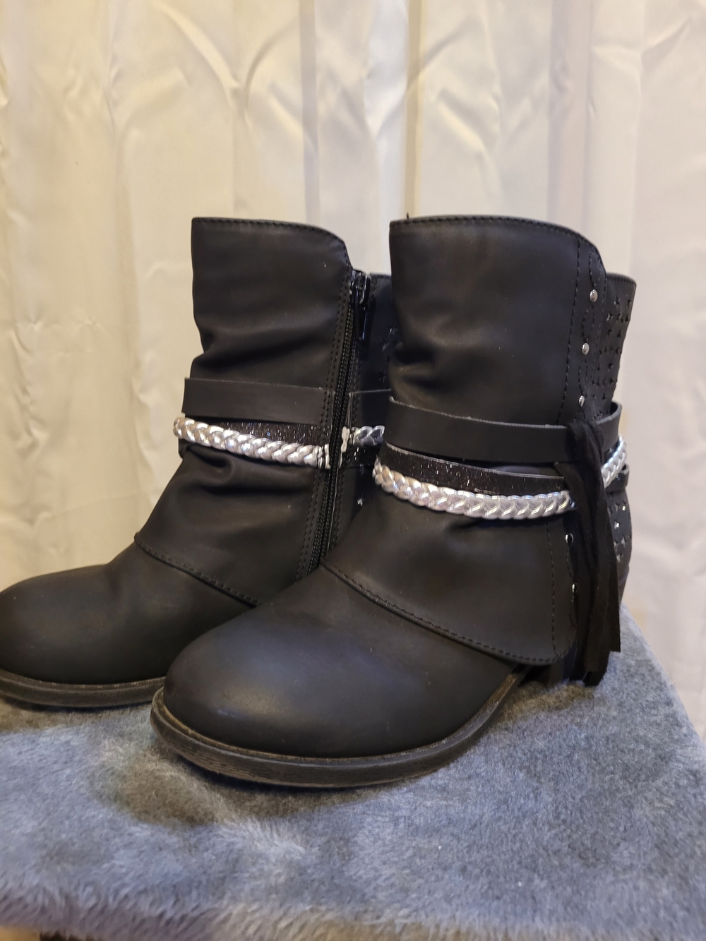 Amazon Kids Black Ankle Boots with Silver Braid